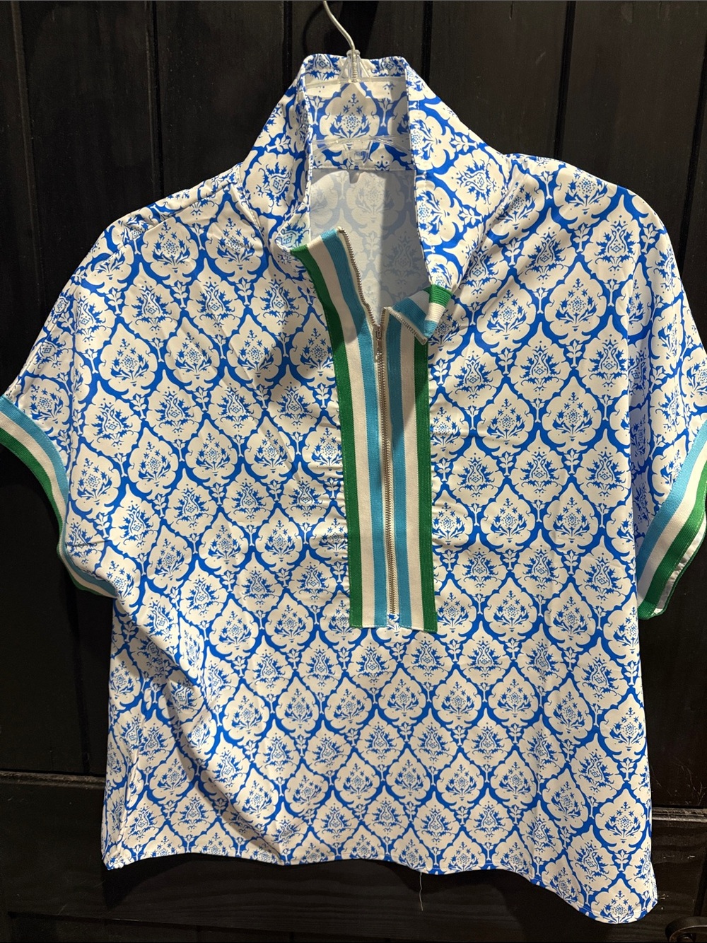 Women's Blue and White Printed Polo with Green Stripe Trim
